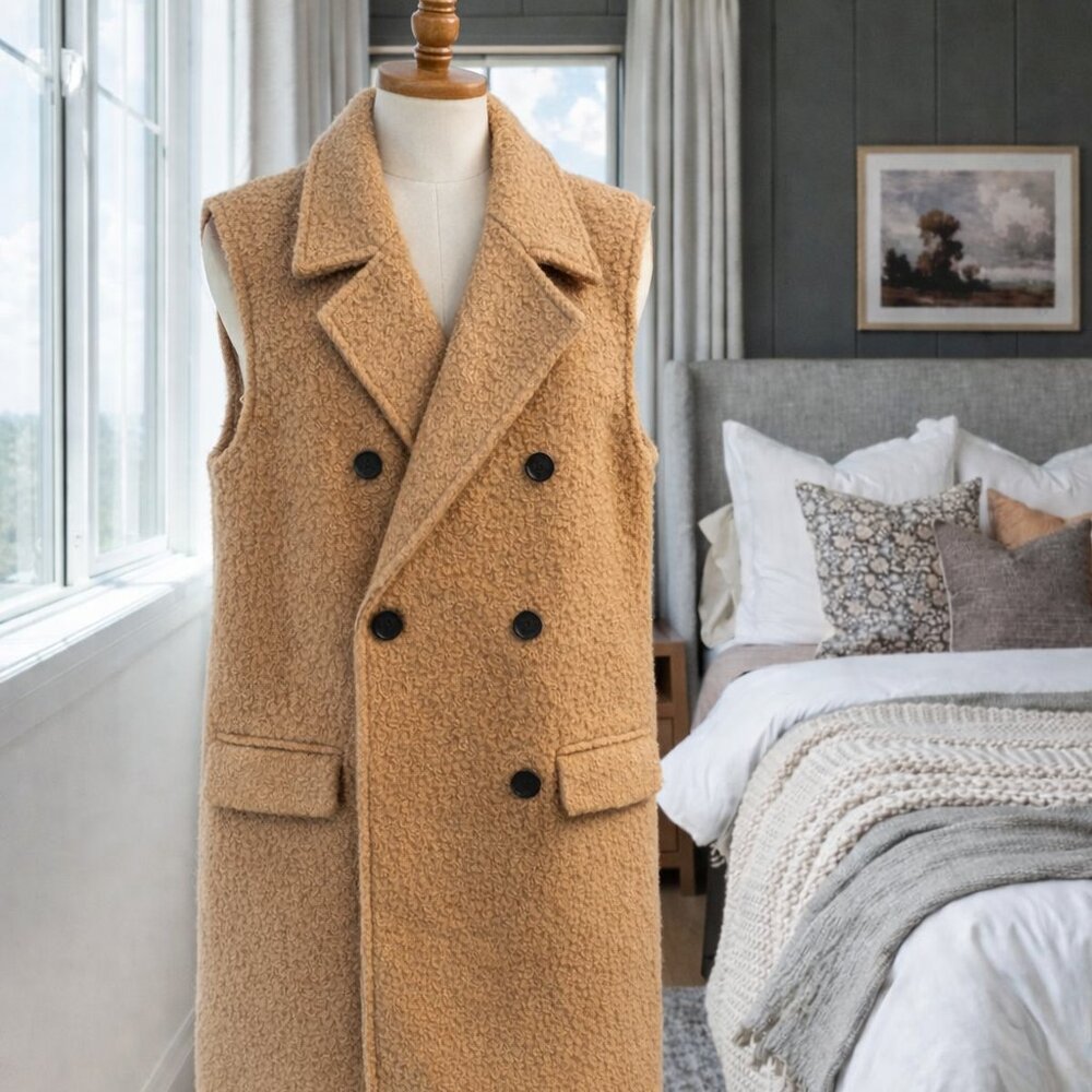 Zara Ladies Medium Double Breasted Camel Boucle Long Vest